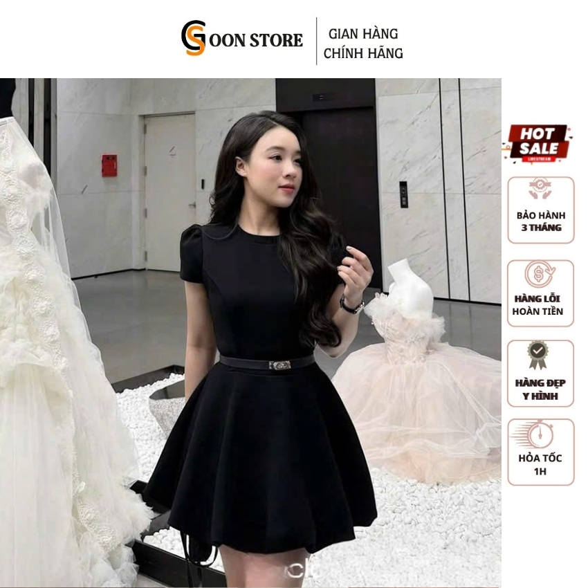 Váy thiết kế cổ tròn chất chéo ý tay hến dáng bí (kèm đai) năng động Goon Store
