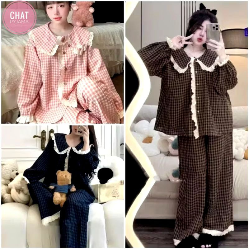 Sét Bộ Ngủ PYJAMA Kẻ Bèo Cúc Ren Chất Đũi Xốp Mềm Mịn Thoáng Mát, Bộ Ngủ Nữ Côc, Dài Nhiều Màu Mặc Cả 4 Mùa Siêu Xinh