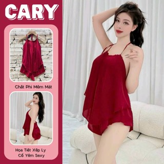  Set đồ ngủ hai dây trơn sexy bộ ngủ lụa yếm dập ly mặc nhà mát mẻ gợi cảm CARY 