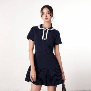 Đầm ngắn dáng A Poise Miều Est.2013 cổ phối ren tiểu thư, đầm váy xòe xếp ly ngắn tay phồng công sở