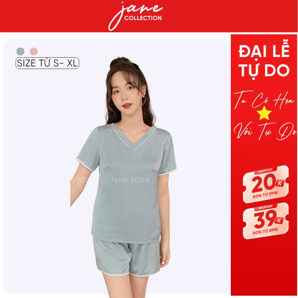 Bộ ngủ cộc tay viền trắng Đồ ngủ nữ chất liệu Lụa Pháp cao cấp mềm mịn thoáng mát Jane mã LP50