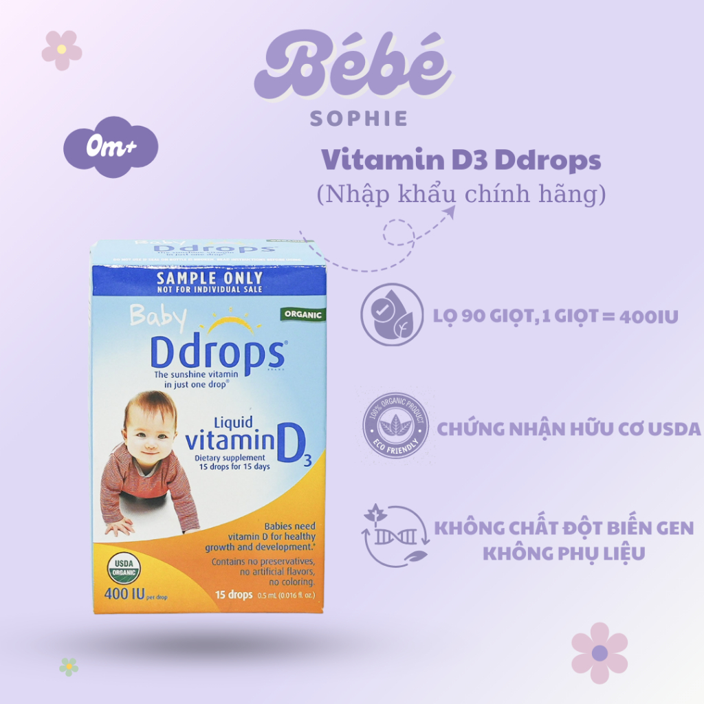 ( Nhập khẩu ) Vitamin D3 Ddrops baby bổ sung D3 cho bé hàm lượng 400IU 90 giọt - Bebe Sophie