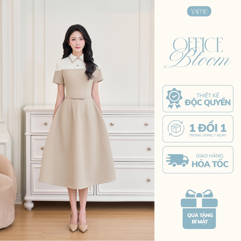 Váy Đầm Thiết Kế Nữ YAME Cổ Sơ Mi Ngắn Tay Chiết Eo Nơ Dáng Bồng Dài Trắng Phối Nâu Sữa Thanh Lịch Công Sở - Vera YV687