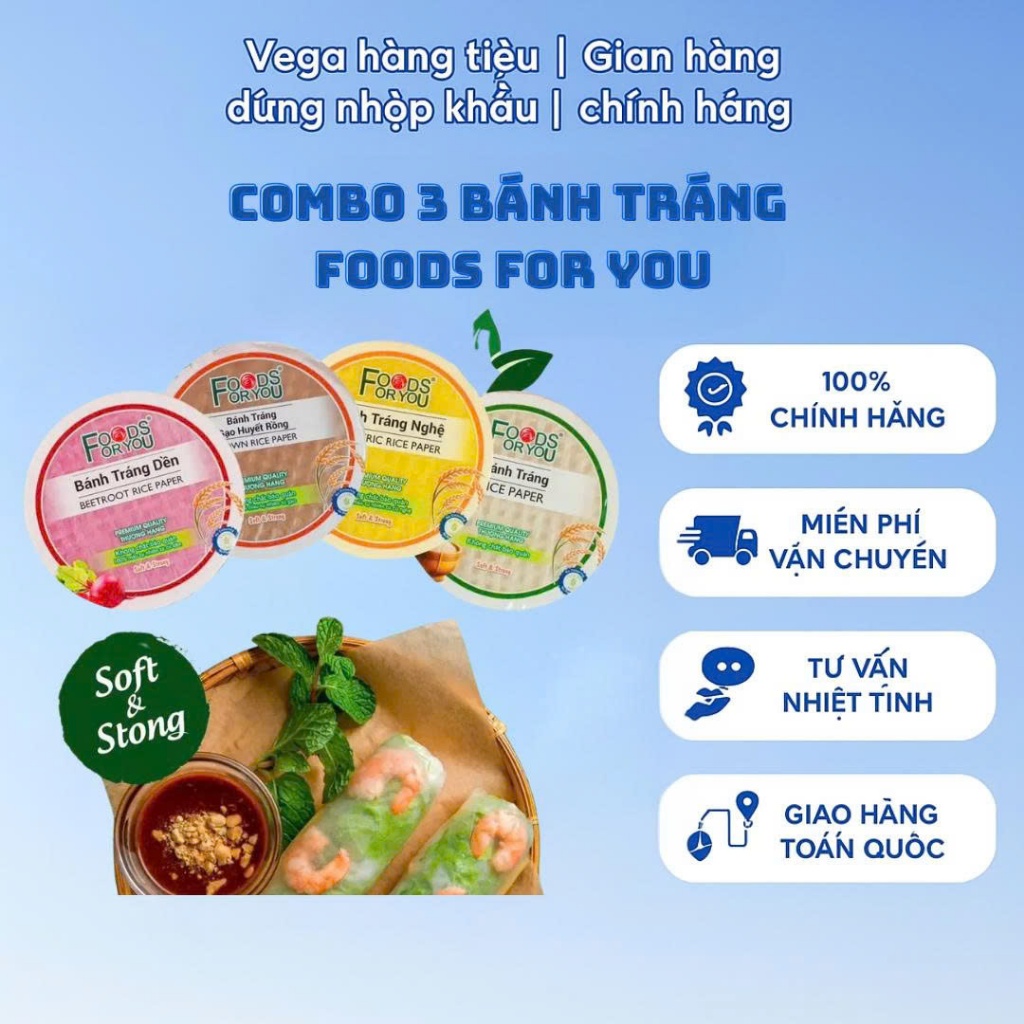 [Combo 3 Gói] Bánh Tráng Foods For You 22cm Dẻo Mềm Cuốn Gỏi Cuốn, Ăn Vặt