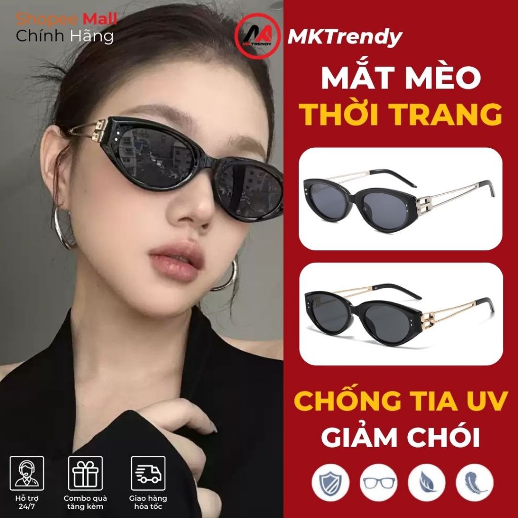  Kính mát gọng mắt mèo MKTRENDY mắt kính râm nam nữ gọng kim loại cao cấp chống tia UV phong cách Hàn Quốc T33 