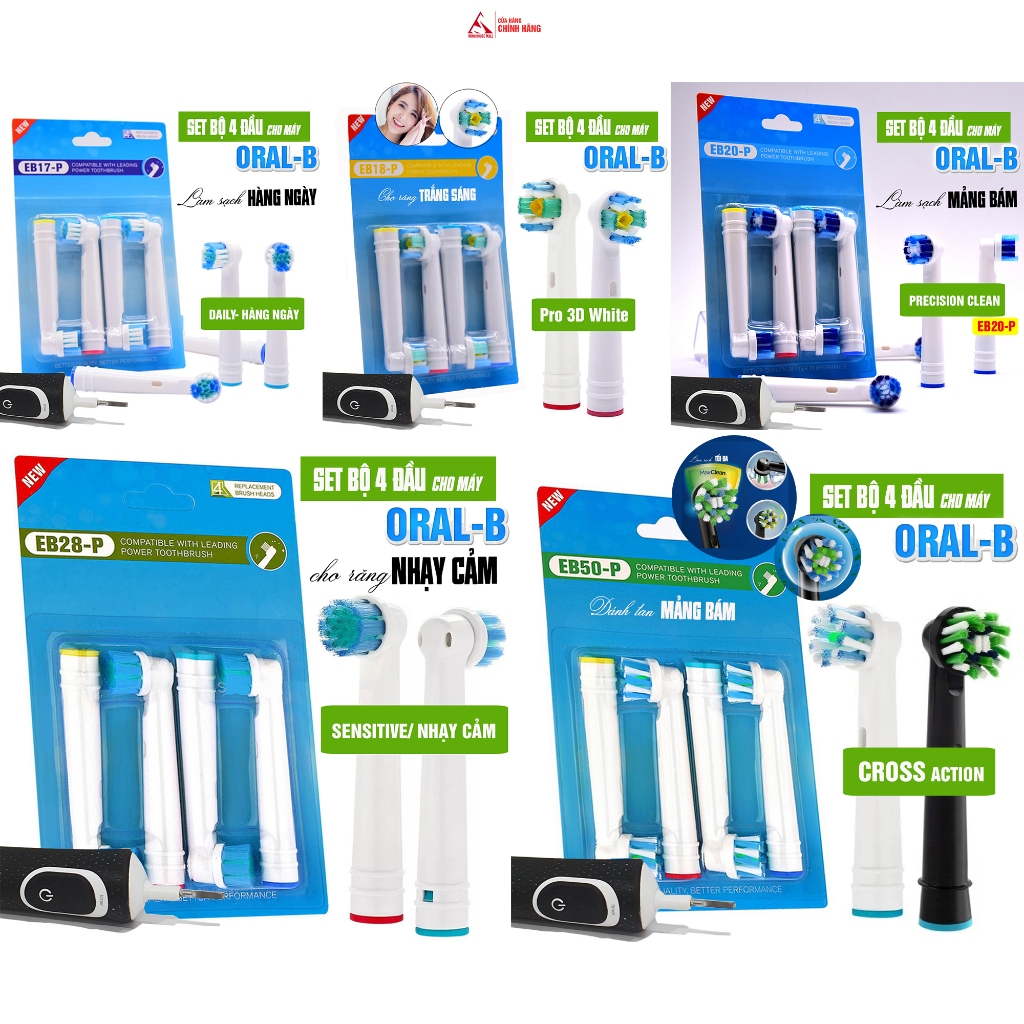 Cho máy Oral B Braun Bộ 4 đầu bàn chải đánh răng điện và Giá treo, Hộp đựng Full Model Minh House
