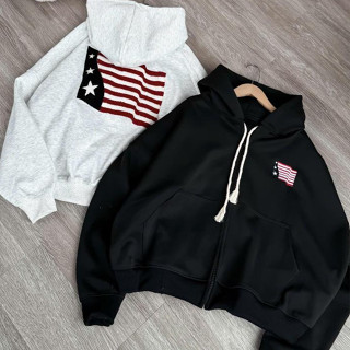 Áo Khoác Hoodie Zip Cờ Mỹ Trần Huyền Châu Form Boxy Unisex, Chất Liệu Nỉ 2 Da, Không Xù Lông