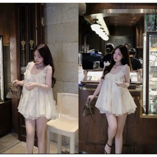 Set đùi voan qc đáng iu áo cổ tròn viền ren sát tay form babydoll đính nơ xòe kèm quần short lưng chun cho nàng đi chơi 