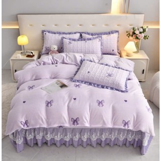 Bộ vỏ chăn ga gối nỉ nhung phủ bèo chun cài 4 góc họa tiết xinh xắn phù hợp với nhiều size giường