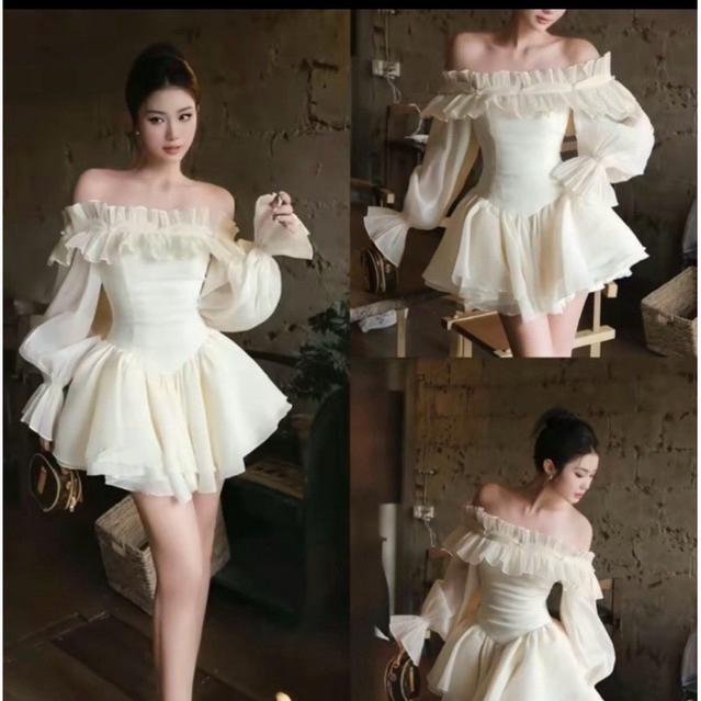 (Bigsize/4 Lớp] Đầm trễ vai tay bồng tơ hàn đính ngọc tay loe tùng xòe ngắn công chúa kèm quần bảo h