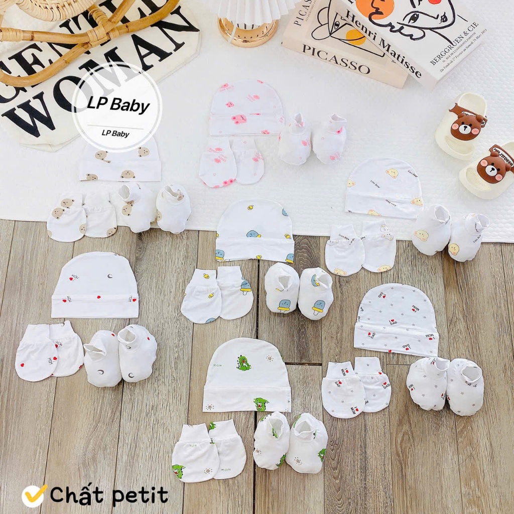 Sét Mũ Kèm Bao Tay Bao Chân Cho Bé Sơ Sinh Thun Lạnh Petit NHIỀU MẪU, Mềm Mịn Họa Tiết Dễ Thương