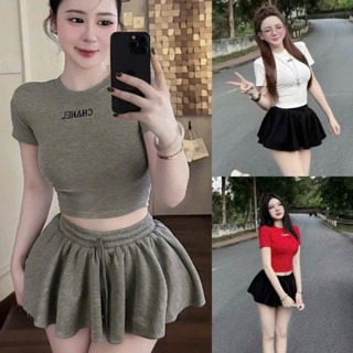 Set Bộ Áo Thun Pozip Tay Ngắn In Chữ + Chân Váy Bí Xoè Có Lót Quần