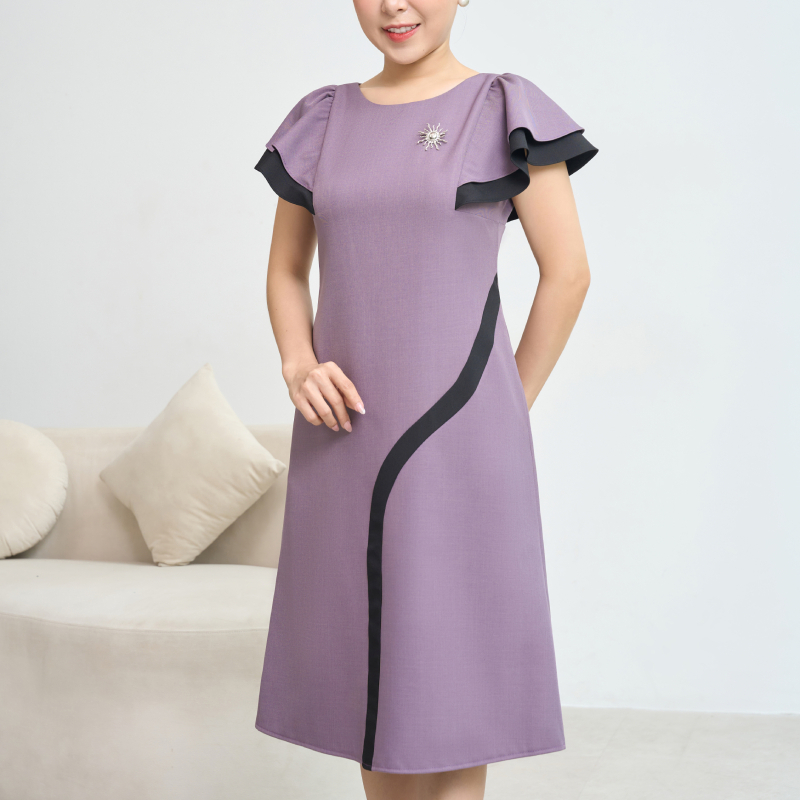 Đầm suông trung niên cho mẹ - Cổ tròn tay cánh tiên - Màu Tím - TTV Store thời trang nữ TTV1890#