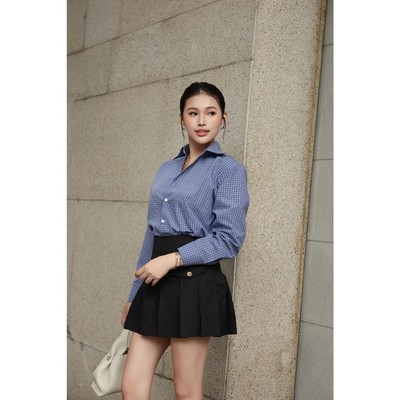 YUCHERRY | Áo sơ mi nữ kẻ caro xanh navy CASUAL GRID SHIRT YA520