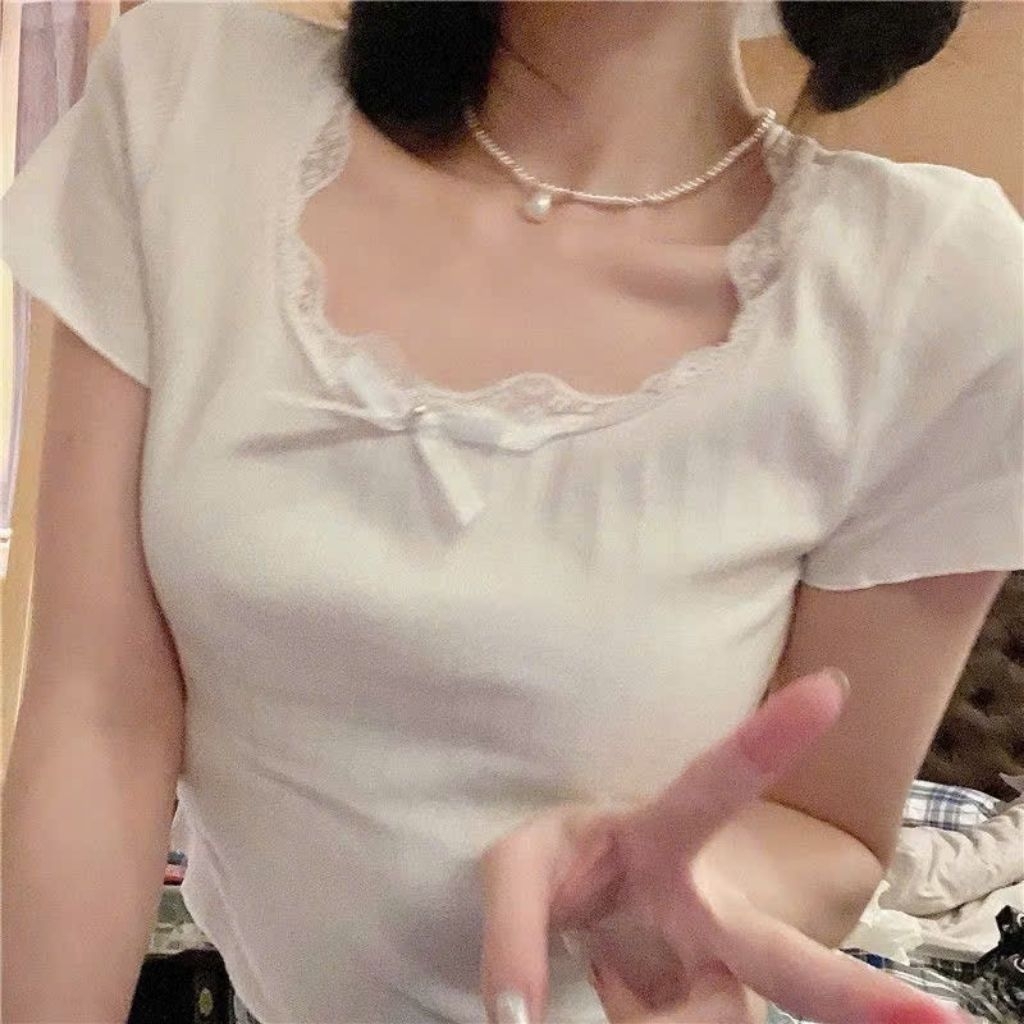 Áo Croptop Cổ Tròn Viền Ren Đính Nơ YUMI BÁN SỈ 🎀