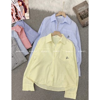  Áo Sơ Mi Kẻ Sọc Nữ DÁNG LỬNG Túi Kiểu Thêu Góc Cotton Đũi Xịn Mềm Mát Đi Làm Đi Chơi A1116 | SUBICI 
