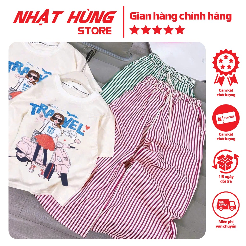 Set bộ quần đũi sọc Mẹ và Bé co giãn 4c in hình CÔ GÁI XE TRAVEL cho mẹ bé gái hiệu Nhật Hùng NH171