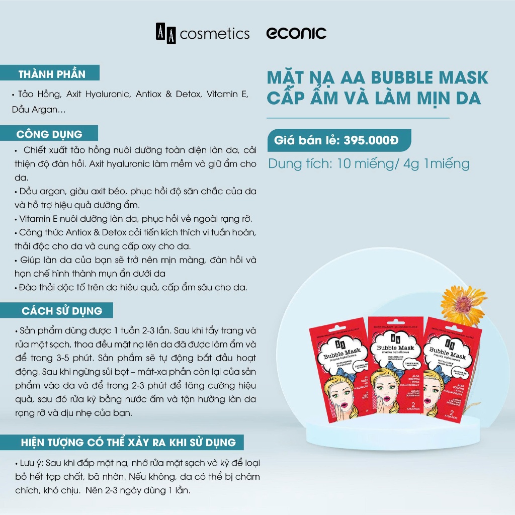 Mặt nạ AA Bubble Mask cấp ẩm và làm mịn da của AA Cosmetics