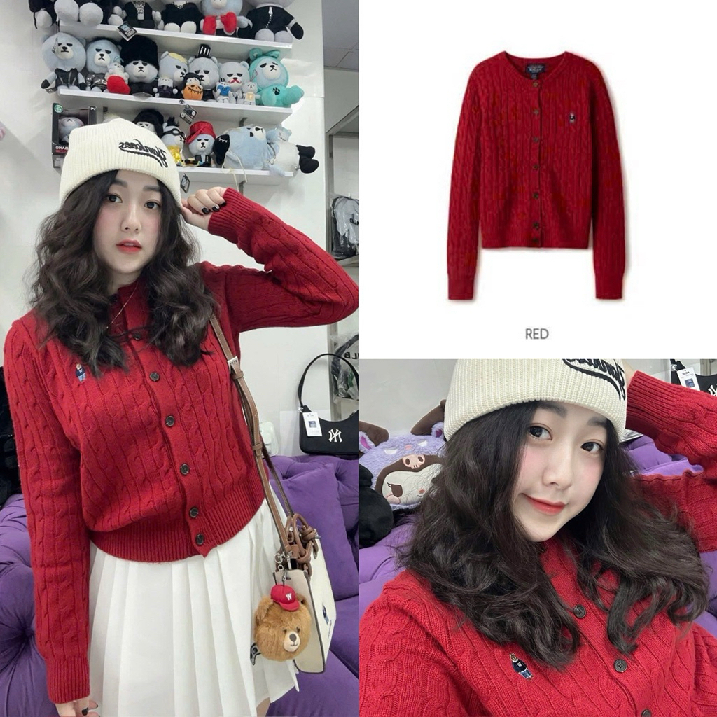  Áo Len Cardigan Nữ Màu Đỏ Dài Tay Cài Cúc Form Basic Dệt Tăm Thời Trang Thu Đông Dễ Phối Đồ Đi Làm Đi Chơi 