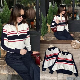 Áo Len dệt kim cổ trụ khóa kéo, họa tiết sọc ngang phong cách retro hot 2025