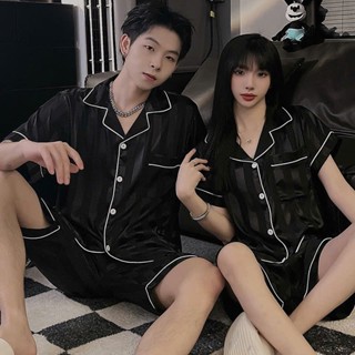 Bộ quần áo ngủ,bộ lụa mặc nhà nam nữ quần đùi áo cộc kẻ sọc có viền sz từ 40-85kg