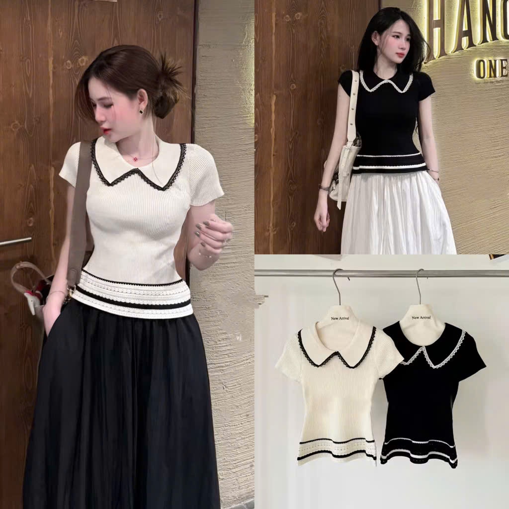 (LC003) Áo len cộc mongtoghi viền ren vạt xòe, áo len mỏng ngắn tay thiết kế cổ sen viền bèo HOT NEW 2025