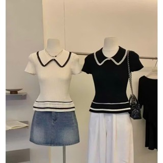 (LC003) Áo len cộc mongtoghi viền ren vạt xòe, áo len mỏng ngắn tay thiết kế cổ sen viền bèo HOT NEW 2025