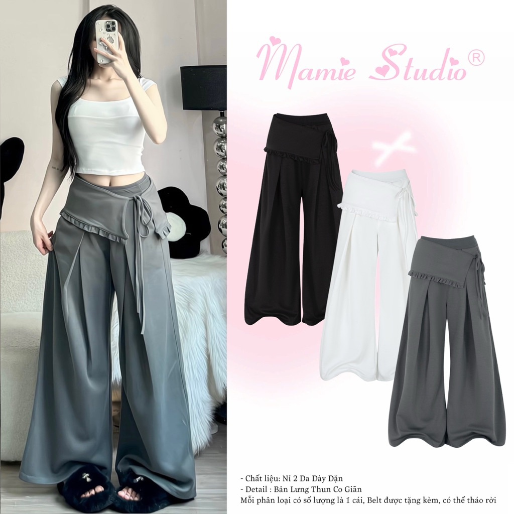 Quần ống rộng (tặng kèm Belt Mamie), 2 loại lưng quần, form ống rộng tôn dáng, belt có thể tháo rời,