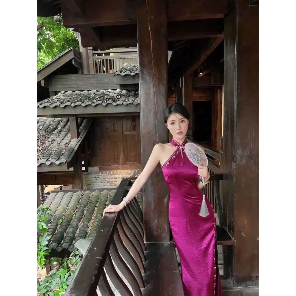  Sườn Xám Cách Tân Cổ Yếm Thêu Hoa Viền Sườn Sang Trọng Váy Lụa Trung Hoa Đón Tết 