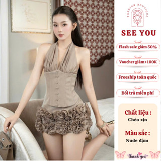 Set đồ nữ hot girl dự tiệc quyến rũ See You áo cổ yếm chiết eo dáng corset phối chân váy chữ A đính hoa hẹn hò dạo phố