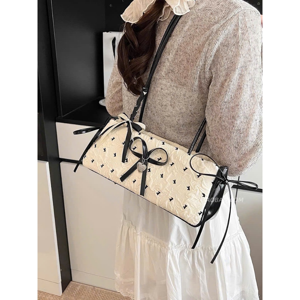 Túi đeo vai baguette nữ dáng dài đính nơ ngọc, Túi kẹp nách phong cách Hàn Quốc sang chảnh  đi chơi đi tiệc - TXN109