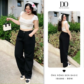 Quần Ống Rộng Bigsize 55-84kg Quần Jean Nữ Ống Suông Lưng Cao Tôn Dáng Quần Jeans Nữ Màu Đen Trơn 393 Không Giãn