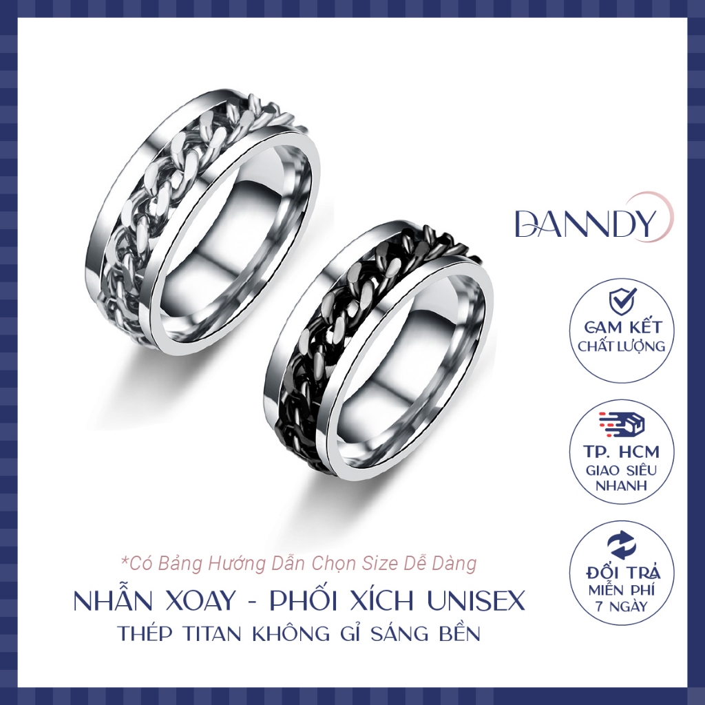 Nhẫn Titan Không Gỉ Nam Nữ. Nhẫn Xoay Phối Dây Xích. Nhẫn Nam Đẹp Màu Đen Bạc | Dandy