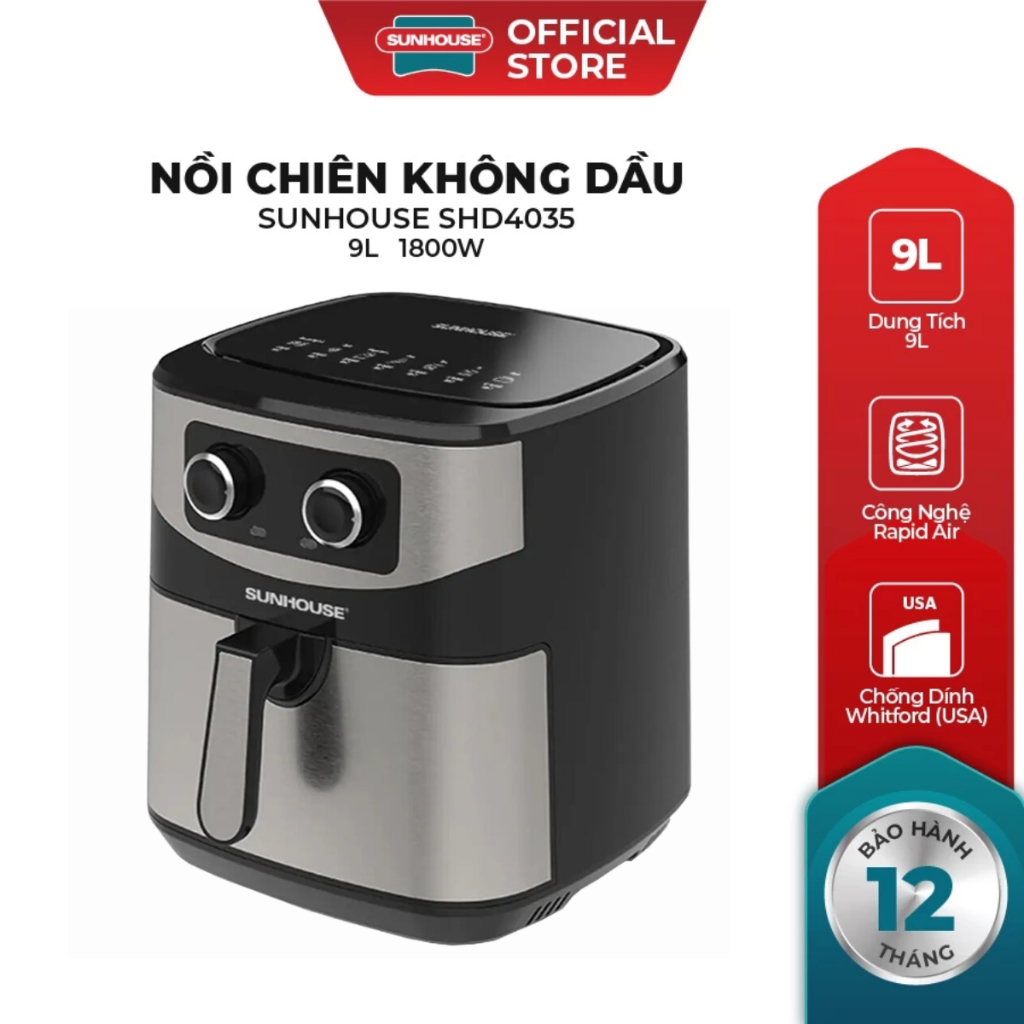 Nồi Chiên Không Dầu 9L Sunhouse SHD4035 - 1800W, Mặt Trước Inox Dễ Vệ Sinh, Bảo Hành 12 Tháng