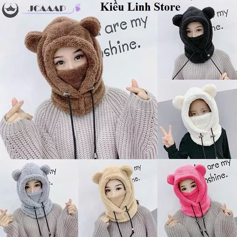 [Mũ Xinh] Mũ Trùm Đầu Tai Gấu Đáng Yêu Lông Mềm Có Khẩu Trang Chống Lạnh Cho Nữ Mùa Đông Nhiều Màu C