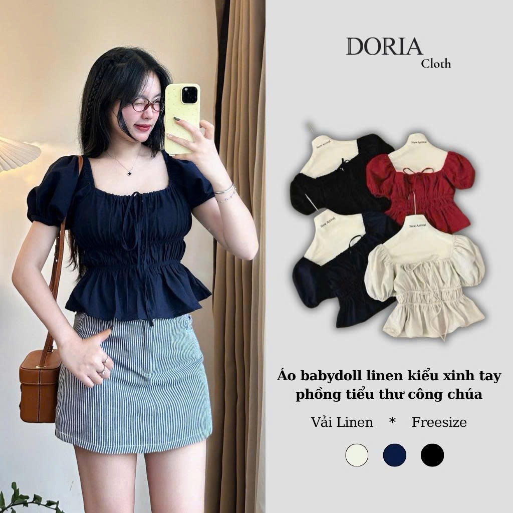 Áo babydoll cổ vuông dáng ngắn tay bồng thắt nơ ngực DORIA  BBD581_P8K3