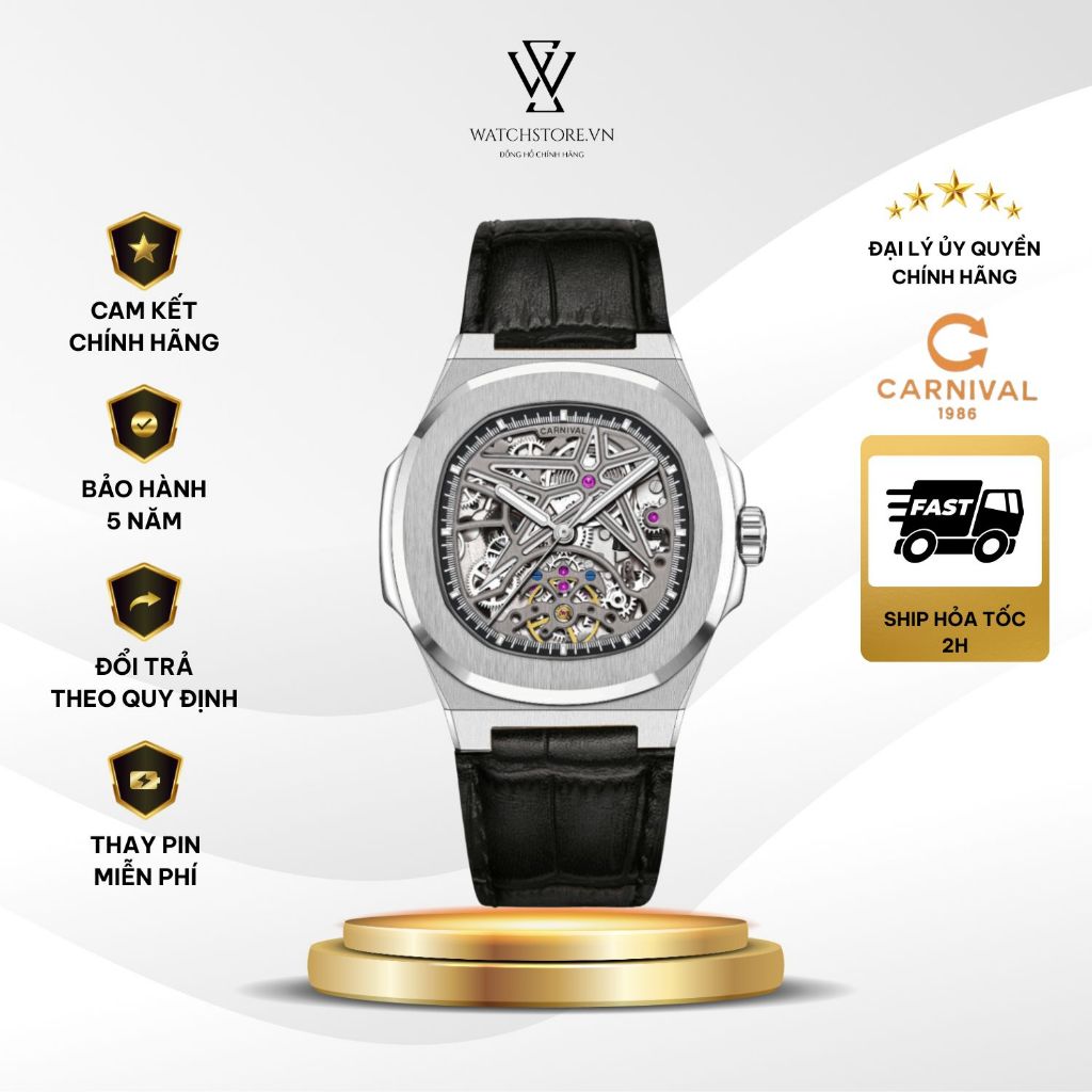 Đồng hồ Carnival 40mm Nam 8118G-VT-DD-T Lộ Cơ Kính Sapphire Dạ Quang Đính Đá Dây Da Sang Trọng Chính