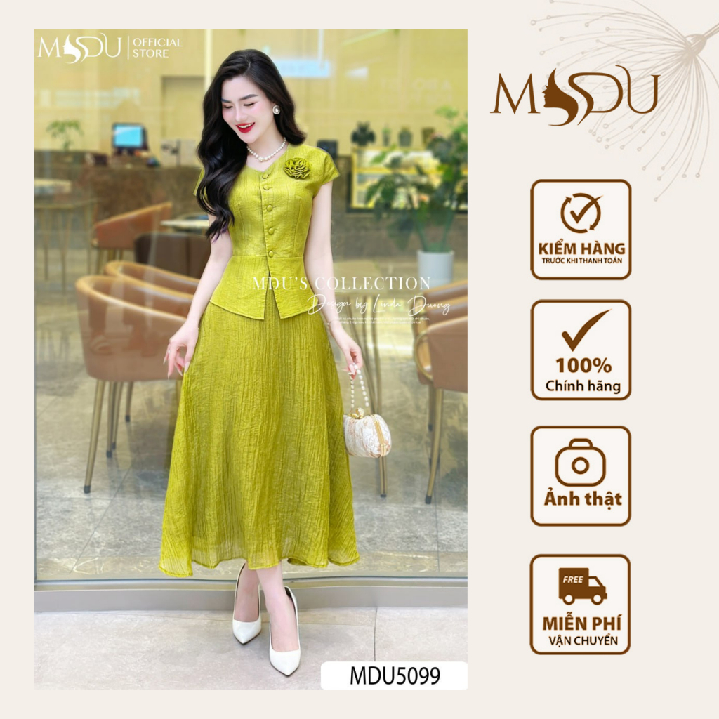 Váy Thiết Kế MDU5099 Chất Tơ Nhăn Nhật Gam Màu Xanh Cốm Tôn Da Nổi Bật Hoa Vải Đính Thủ Công Từ MDU