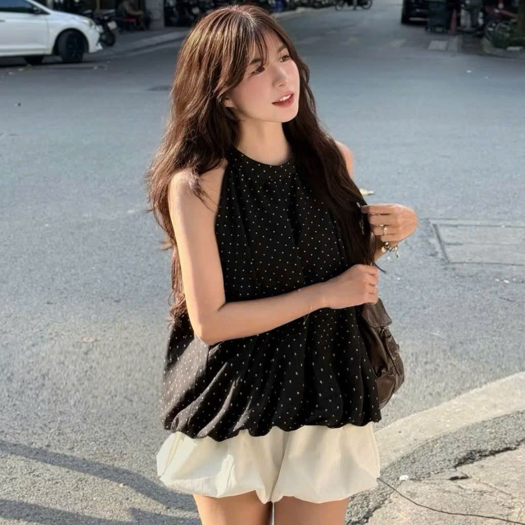 Áo Cổ Yếm Bí Phồng họa tiết chấm bi cho nữ m6034 | BigBuy360 - bigbuy360.vn