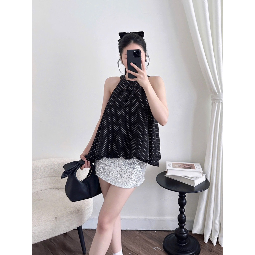 Áo Cổ Yếm Bí Phồng họa tiết chấm bi cho nữ m6034 | BigBuy360 - bigbuy360.vn