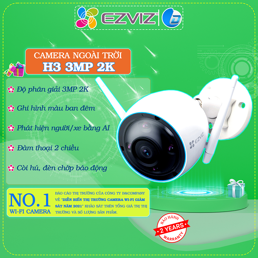 Camera wifi ngoài trời Ezviz H3 3MP 3K chính hãng, đàm thoại, màu ban đêm