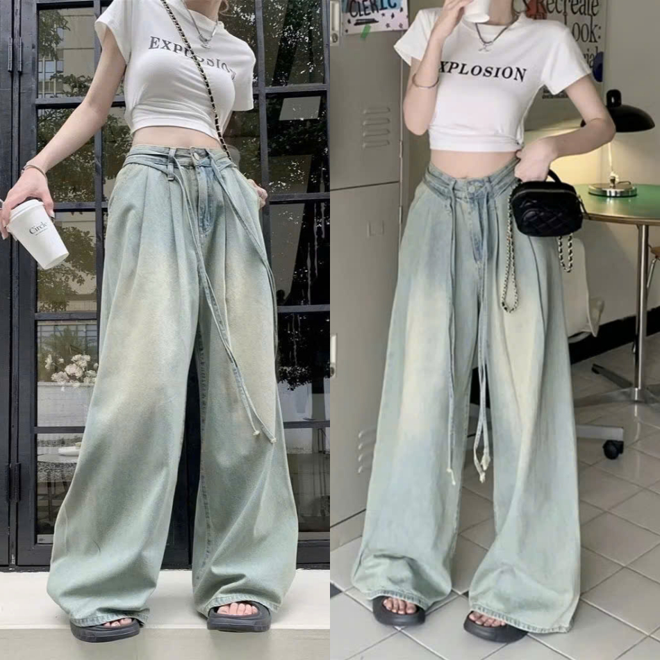 Quần jeans ống rộng kèm dây 168.fashion phong cách hàn quốc Jeankemday8199/P3K1