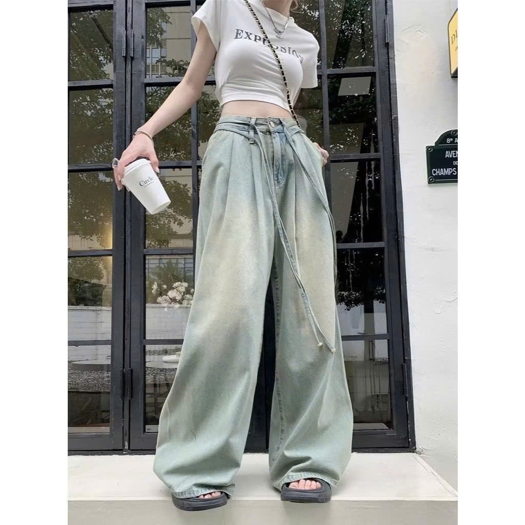 Quần jeans ống rộng kèm dây 168.fashion phong cách hàn quốc Jeankemday8199/P3K1 | BigBuy360 - bigbuy360.vn