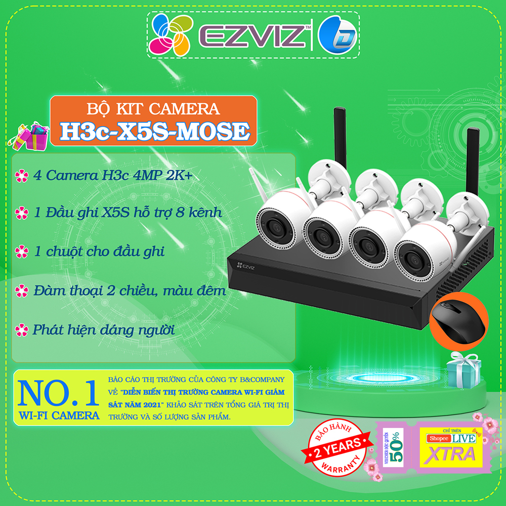 Bộ kit 4 camera ngoài trời H3C 4MP 2K+ Ezviz BW3844, chính hãng, màu đêm, báo động, đàm thoại