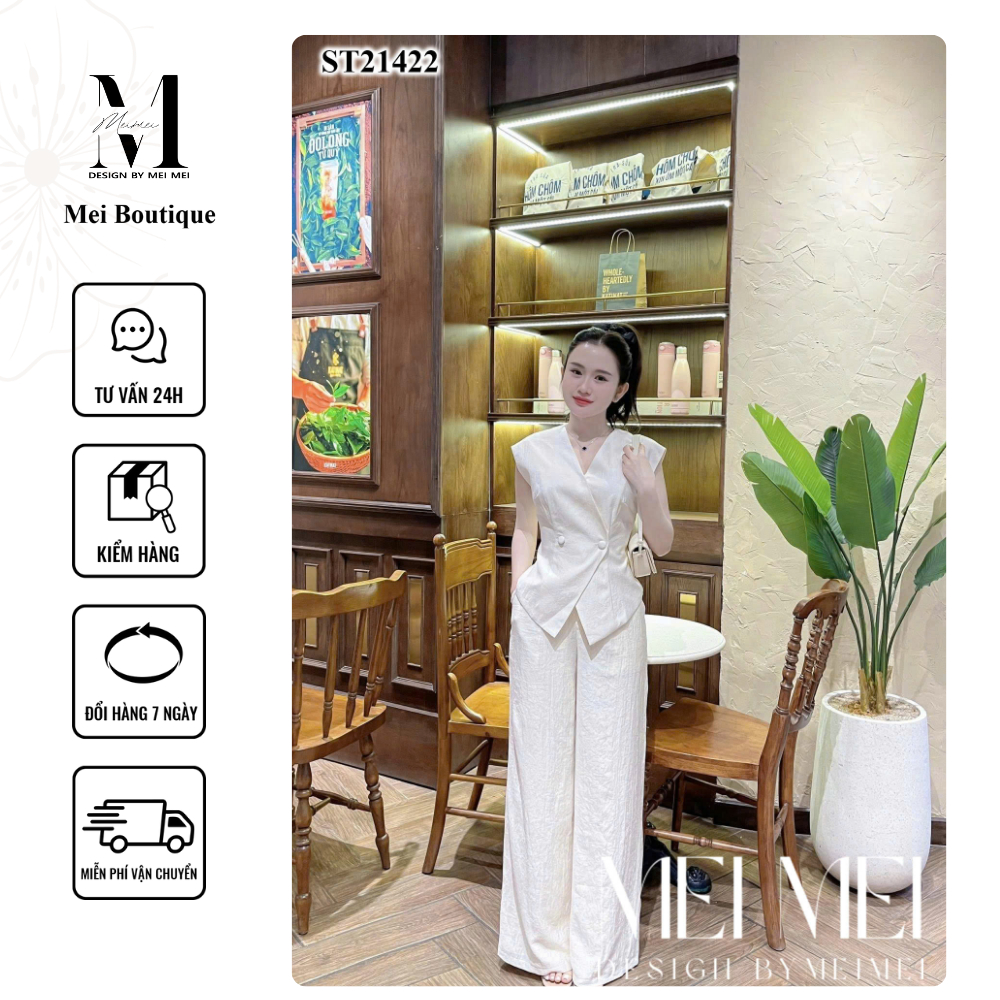 Set Đồ Vest Nữ MeiMei Trắng Công Sở Thanh Lịch Áo Cách Điệu Quần Suông Dài Lịch ST21422 Ver2