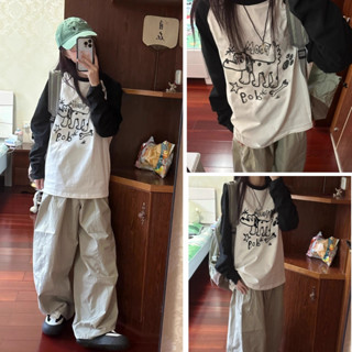  Áo thun nữ tay dài raglan oversize áo phông form rộng chất thun chân cua in hình cún doodle phong cách Ulzzang 