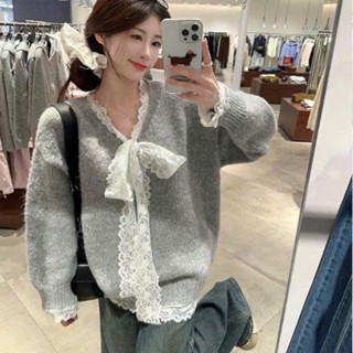  Áo Len Nữ Lông Thỏ Oversize Dài Tay Áo Len Dệt Kim Cổ V Voan Ren Cột Nơ Tiểu Thư Phong Cách Hàn Quốc Ulzzang Shopquacam 