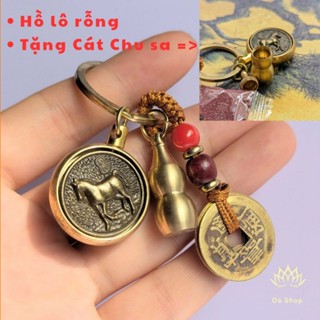 Móc khoá phong thủy kim bài xoay tròn 12 con giáp bằng đồng, bộ 3 món tặng kèm cát chu sa