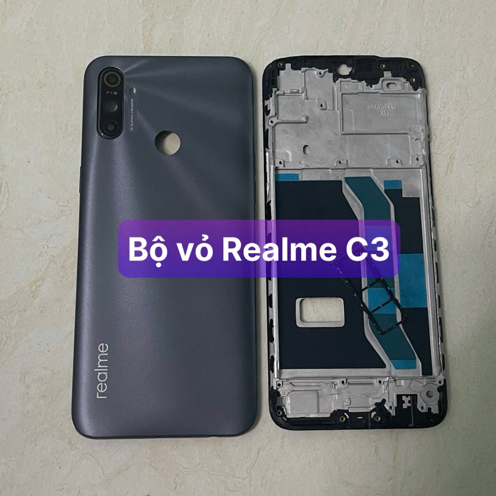 bộ vỏ sườn Realme C3 ,kèm khay sim,phím,kính camera