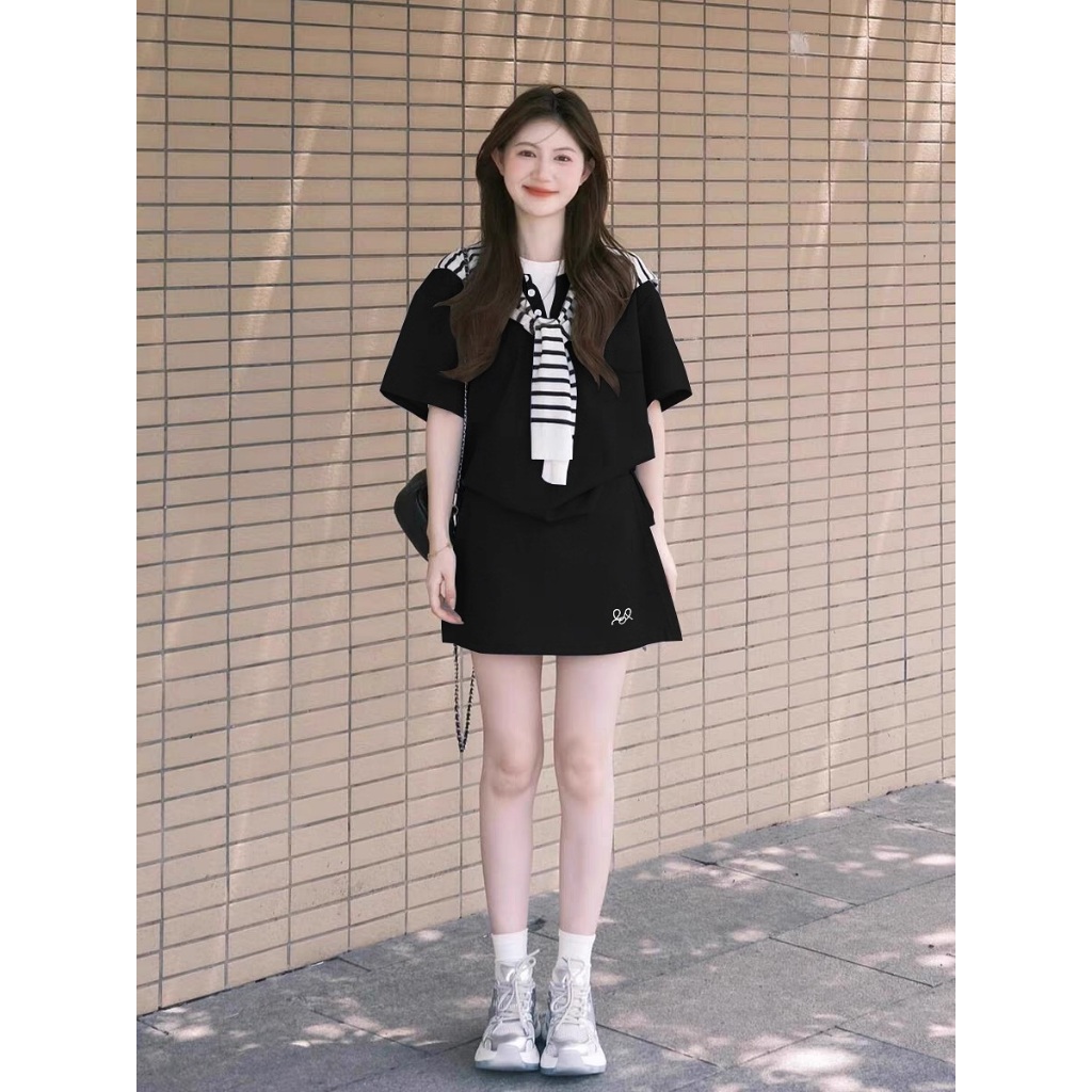   Bigsize 55-100kg  Set áo váy + khăn nữ tính phong cách tiểu thư dễ thương 